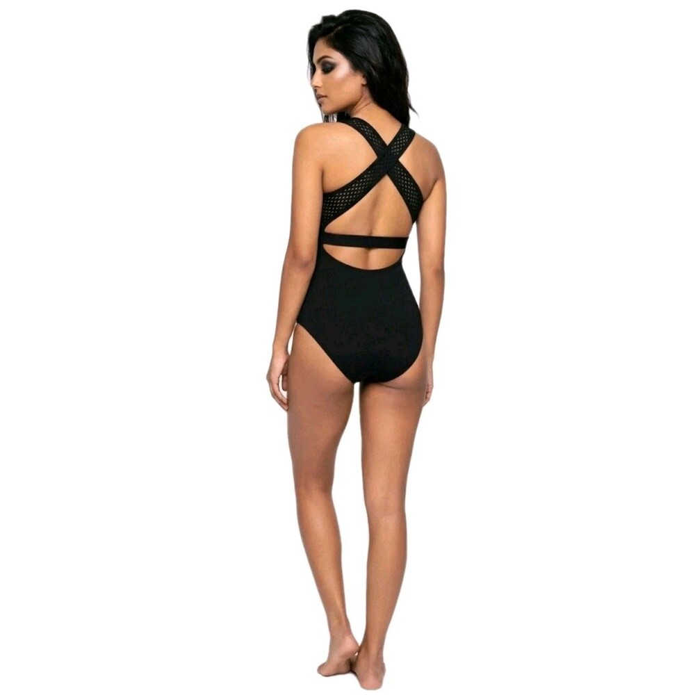 Aja VTG Strappy Crossback Belted Mesh Tank Leotard Black Women's AS Size S - Picture 3 of 16